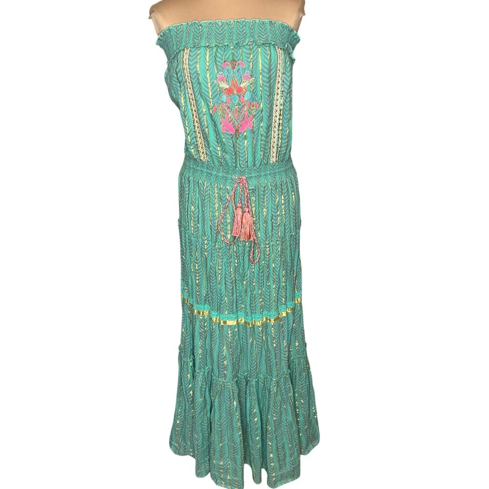 Venus Strapless Dress M/L Womens Bohemian Maxi Metallic Gold Teal Tassel Hippie - Picture 2 of 12